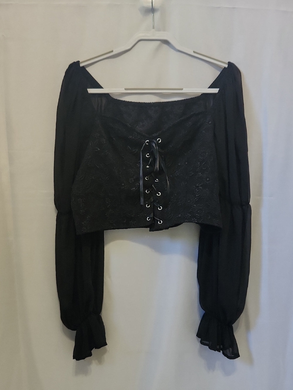 SHEIN Black Lace-Up Embroidered Peasant Blouse